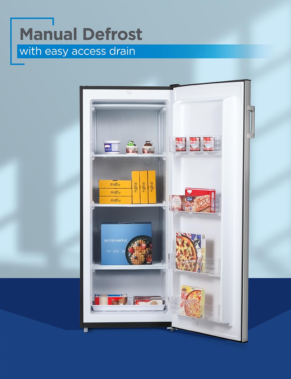 Black+Decker 10 cu. ft. Upright Freezer, Stand Up Freezer With Mechanical Temperature Control, Freezer With 3 Shelves And 4 Door Bins, Manual Defrost, R600a Refrigerant, BUF1000LS,Stainless Steel Look - View 5 | Fridge.com
