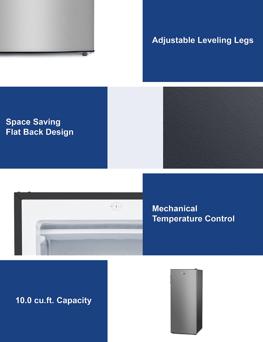 Black+Decker 10 cu. ft. Upright Freezer, Stand Up Freezer With Mechanical Temperature Control, Freezer With 3 Shelves And 4 Door Bins, Manual Defrost, R600a Refrigerant, BUF1000LS,Stainless Steel Look - View 6 | Fridge.com