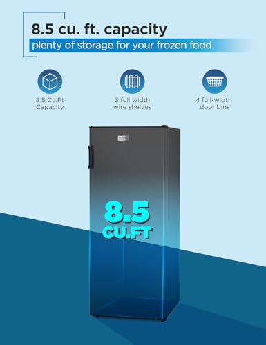 Black+Decker 8.5 cu. ft. Upright Freezer, Stand Up Freezer With Mechanical Temperature Control, Freezer Upright With 3 Shelves And 4 Door Bins, Manual Defrost, R600a Refrigerant, BUF850LB, Black - View 3 | Fridge.com