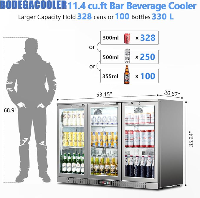 BODEGA Bodegacooler Back Bar Cooler With 3 Glass Doors,11.4 cu.ft Stainless Steel Commercial Back Bar Fridge With LED Lighting,Counter Height Bar Beverage Cooler For Beer,Soda Drinks,Wine - View 5 | Fridge.com