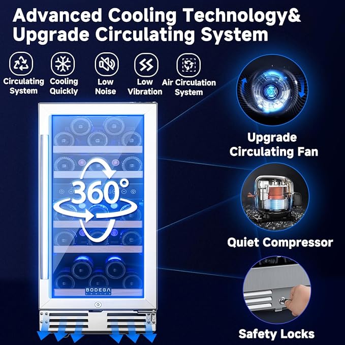BODEGA 15 Inch Wine Cooler, Dual Zone 15” Wine Fridge With Double-Layer Glass Door, Freestanding Or Built In Wine Cooler Refrigerator With Stainless Steel Handle, 30 Bottles Wine Fridge For Home. - View 2 | Fridge.com