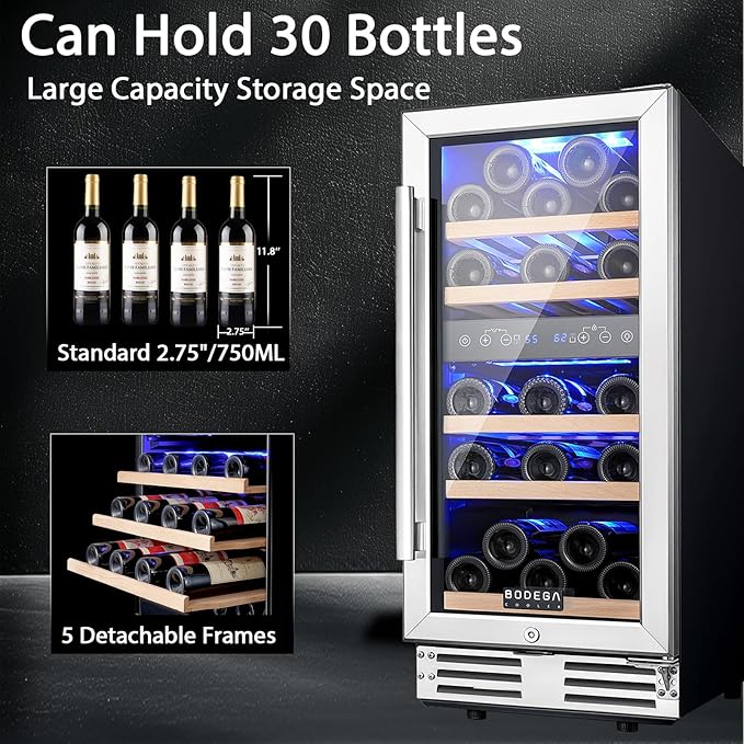 BODEGA 15 Inch Wine Cooler, Dual Zone 15” Wine Fridge With Double-Layer Glass Door, Freestanding Or Built In Wine Cooler Refrigerator With Stainless Steel Handle, 30 Bottles Wine Fridge For Home. - View 3 | Fridge.com