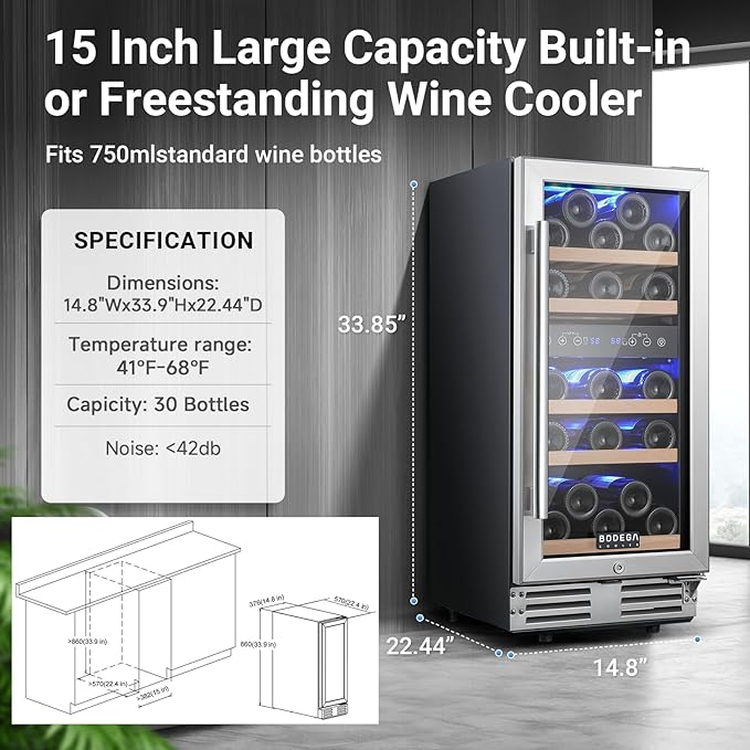 BODEGA 15 Inch Wine Cooler, Dual Zone 15” Wine Fridge With Double-Layer Glass Door, Freestanding Or Built In Wine Cooler Refrigerator With Stainless Steel Handle, 30 Bottles Wine Fridge For Home. - View 4 | Fridge.com