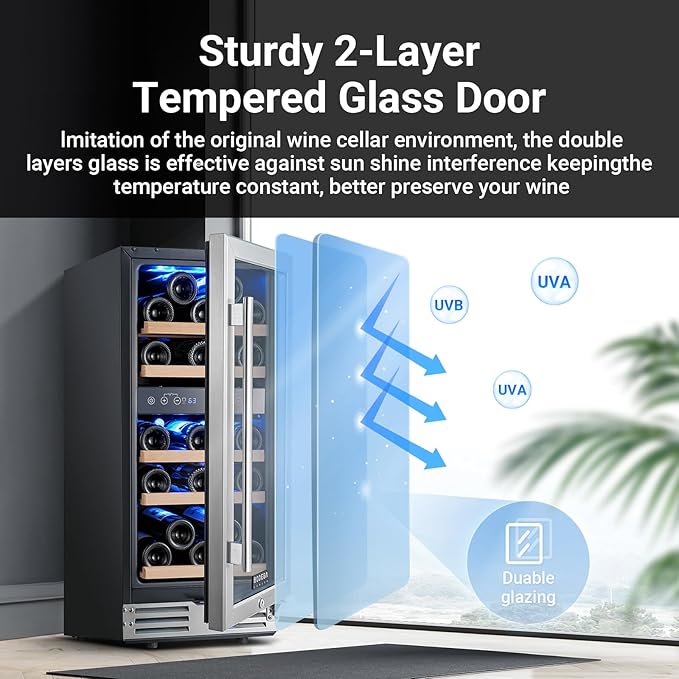 BODEGA 15 Inch Wine Cooler, Dual Zone 15” Wine Fridge With Double-Layer Glass Door, Freestanding Or Built In Wine Cooler Refrigerator With Stainless Steel Handle, 30 Bottles Wine Fridge For Home. - View 5 | Fridge.com