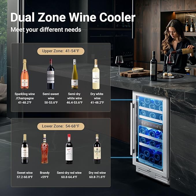 BODEGA 15 Inch Wine Cooler, Dual Zone 15” Wine Fridge With Double-Layer Glass Door, Freestanding Or Built In Wine Cooler Refrigerator With Stainless Steel Handle, 30 Bottles Wine Fridge For Home. - View 6 | Fridge.com