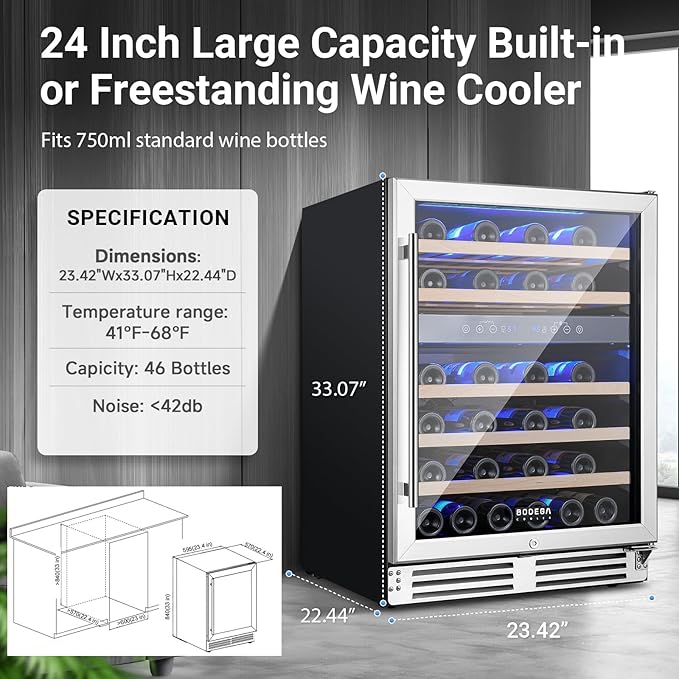 BODEGA 24 Inch Wine Fridge Dual Zone, 46 Bottle, Built-In Or Under Counter Freestanding Wine Cooler Refrigerator With Stainless Steel Handle, Wine Cooler With Lock, Energy Efficient,For Home, Kitchen - View 2 | Fridge.com