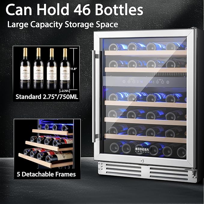 BODEGA 24 Inch Wine Fridge Dual Zone, 46 Bottle, Built-In Or Under Counter Freestanding Wine Cooler Refrigerator With Stainless Steel Handle, Wine Cooler With Lock, Energy Efficient,For Home, Kitchen - View 3 | Fridge.com