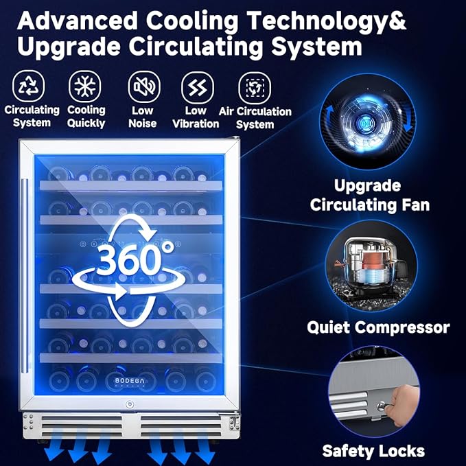BODEGA 24 Inch Wine Fridge Dual Zone, 46 Bottle, Built-In Or Under Counter Freestanding Wine Cooler Refrigerator With Stainless Steel Handle, Wine Cooler With Lock, Energy Efficient,For Home, Kitchen - View 4 | Fridge.com