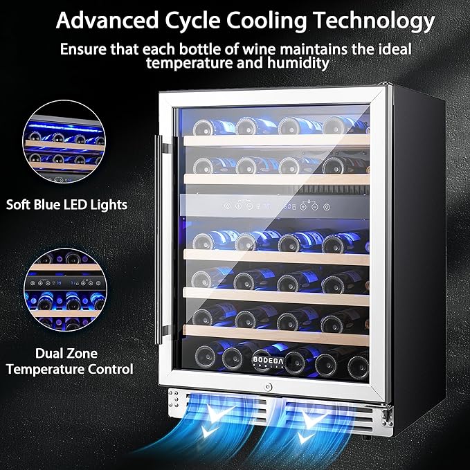 BODEGA 24 Inch Wine Fridge Dual Zone, 46 Bottle, Built-In Or Under Counter Freestanding Wine Cooler Refrigerator With Stainless Steel Handle, Wine Cooler With Lock, Energy Efficient,For Home, Kitchen - View 5 | Fridge.com