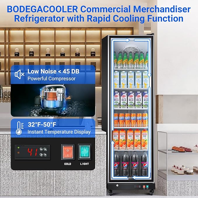 Bodegacooler Commercial Beverage Refrigerator With Glass Door,12.5 cu.ft Commercial Drink Refrigerator,Upright Large Display Merchandiser Beverage Bar Cooler With Soft LED Light,Adjustable Shelves - View 3 | Fridge.com