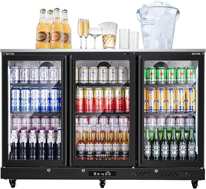 BODEGACOOLER Commercial Bar Cooler With 3 Glass Doors,12 Cu.Ft Counter Height Back Beverage Refrigerator,Display Bar Fridge with LED Lighting,Beverage Cooler for Beer Stainless Steel Top,With Casters | Fridge.com