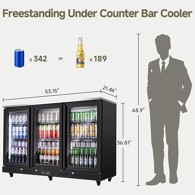 Bodegacooler Commercial Bar Cooler With 3 Glass Doors,12 cu.ft Counter Height Back Beverage Refrigerator,Display Bar Fridge With LED Lighting,Beverage Cooler For Beer Stainless Steel Top,With Casters - View 2 | Fridge.com