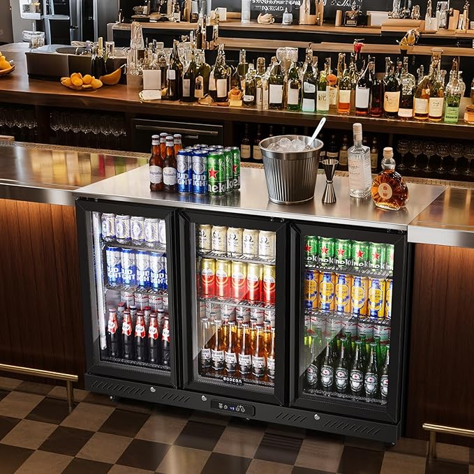 Bodegacooler Commercial Bar Cooler With 3 Glass Doors,12 cu.ft Counter Height Back Beverage Refrigerator,Display Bar Fridge With LED Lighting,Beverage Cooler For Beer Stainless Steel Top,With Casters - View 3 | Fridge.com