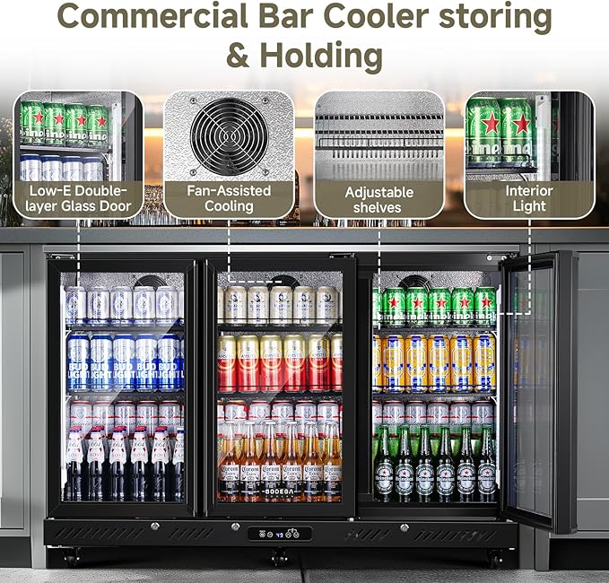 Bodegacooler Commercial Bar Cooler With 3 Glass Doors,12 cu.ft Counter Height Back Beverage Refrigerator,Display Bar Fridge With LED Lighting,Beverage Cooler For Beer Stainless Steel Top,With Casters - View 4 | Fridge.com