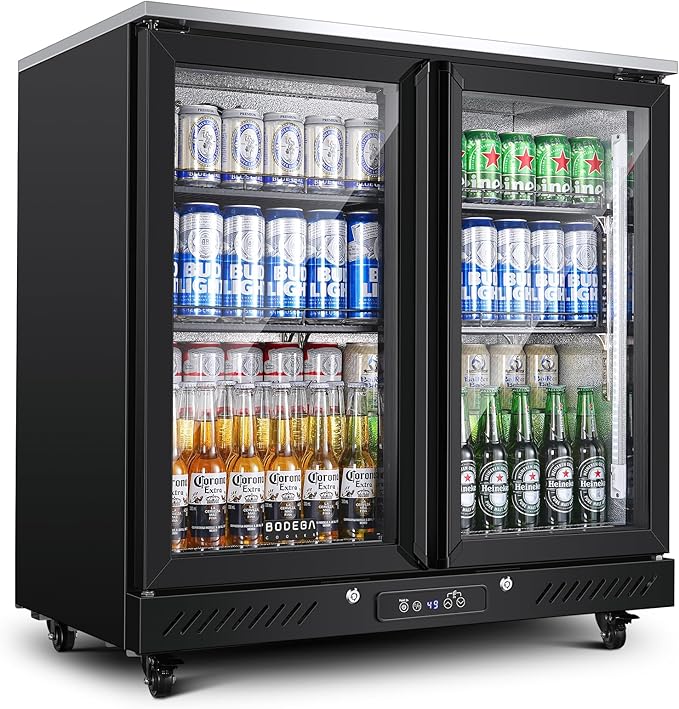 BODEGACOOLER Back Bar Cooler with 2 Glass Doors,7.7 Cu.ft Commercial Back Bar Beverage Refrigerator Counter Height,LED Lighting for Soda Drinks,Beer,Wine Stainless Steel Top,DOE Approved,4 Casters | Fridge.com
