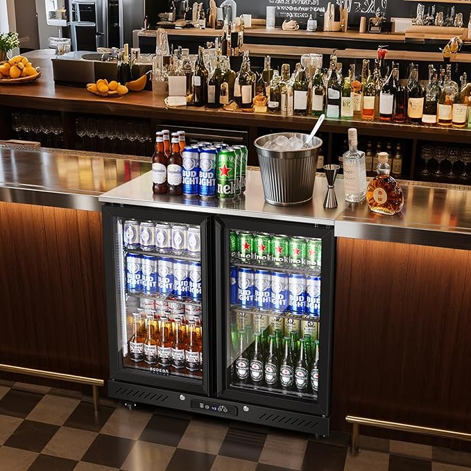 Bodegacooler Back Bar Cooler With 2 Glass Doors,7.7 cu.ft Commercial Back Bar Beverage Refrigerator Counter Height,LED Lighting For Soda Drinks,Beer,Wine Stainless Steel Top,Doe Approved,4 Casters - View 2 | Fridge.com