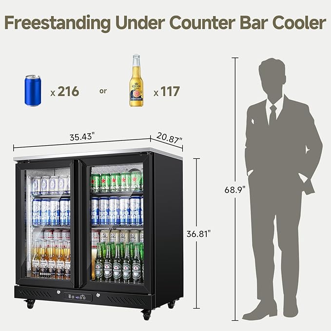 Bodegacooler Back Bar Cooler With 2 Glass Doors,7.7 cu.ft Commercial Back Bar Beverage Refrigerator Counter Height,LED Lighting For Soda Drinks,Beer,Wine Stainless Steel Top,Doe Approved,4 Casters - View 3 | Fridge.com