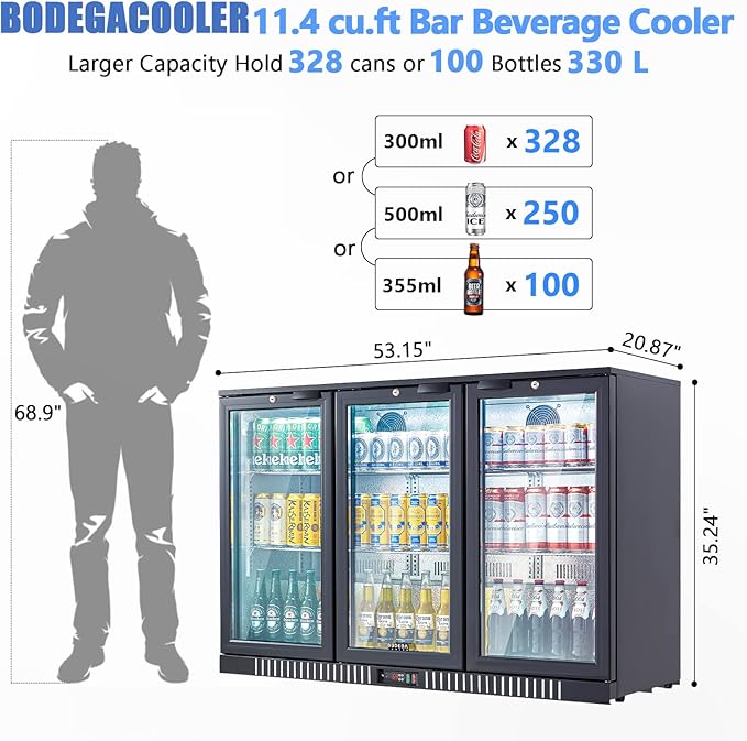 BODEGA Bodegacooler Commercial Bar Cooler With 3 Glass Doors,11.4 cu.ft Under Counter Beverage Refrigerator,Back Bar Refrigerator,Commercial Display Drink Fridge,LED Lighting Beer Wine Soda Drinks - View 2 | Fridge.com