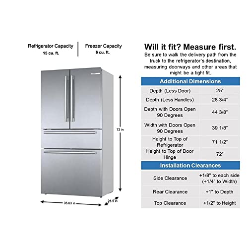 Bosch 800 Series B36CL80SNS 36 Inch Smart Freestanding Counter Depth 4 Door French Door Refrigerator With 20.5 cu. ft. Total Capacity In Stainless Steel (Bar Handle) - View 3 | Fridge.com