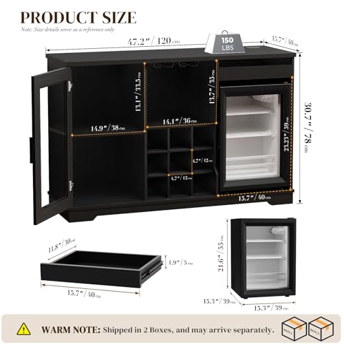 BROTTAR Wine Bar Cabinet with Fridge (Included), Liquor Coffee Cabinet with LED Lights & Rack, Mini Fridge Cabinet with Storage, Human Body Sensor, Sideboard Buffet for Kitchen Dining Room, Black | Fridge.com