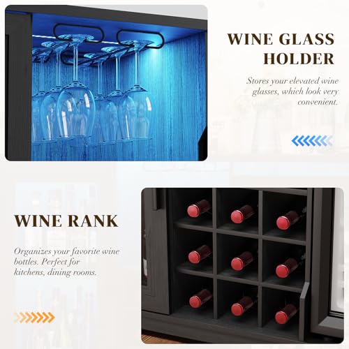 BROTTAR Wine Bar Cabinet with Fridge (Included), Liquor Coffee Cabinet with LED Lights & Rack, Mini Fridge Cabinet with Storage, Human Body Sensor, Sideboard Buffet for Kitchen Dining Room, Black | Fridge.com