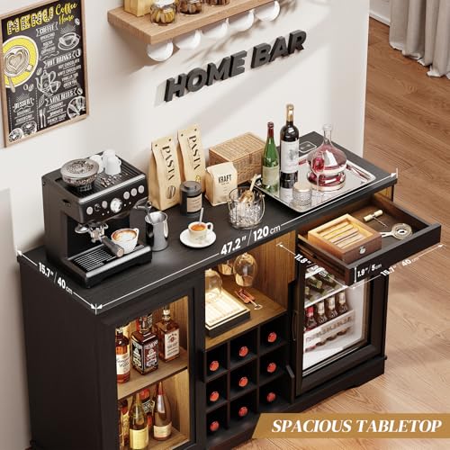 BROTTAR Wine Bar Cabinet with Fridge (Included), Liquor Coffee Cabinet with LED Lights & Rack, Mini Fridge Cabinet with Storage, Human Body Sensor, Sideboard Buffet for Kitchen Dining Room, Black | Fridge.com