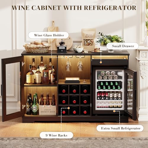 Brottar Wine Bar Cabinet With Fridge (Included), Liquor Coffee Cabinet With LED Lights & Rack, Mini Fridge Cabinet With Storage, Human Body Sensor, Sideboard Buffet For Kitchen Dining Room, Black - View 5 | Fridge.com