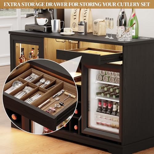 Brottar Wine Bar Cabinet With Fridge (Included), Liquor Coffee Cabinet With LED Lights & Rack, Mini Fridge Cabinet With Storage, Human Body Sensor, Sideboard Buffet For Kitchen Dining Room, Black - View 6 | Fridge.com