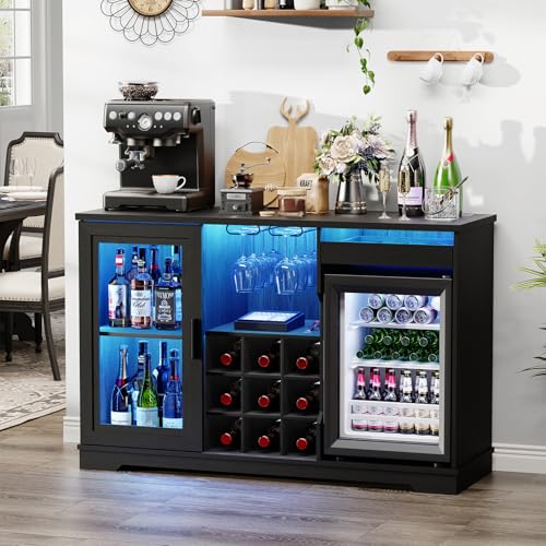 BROTTAR Wine Bar Cabinet with Fridge (Included), Liquor Coffee Cabinet with LED Lights & Rack, Mini Fridge Cabinet with Storage, Human Body Sensor, Sideboard Buffet for Kitchen Dining Room, Black | Fridge.com