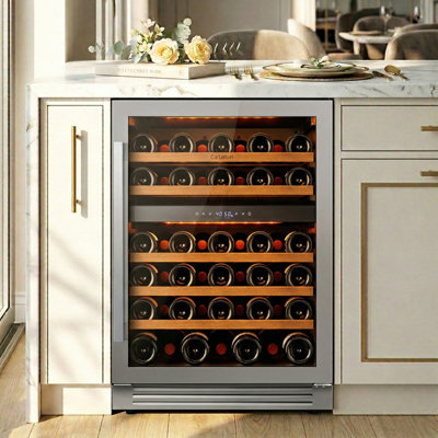 24" 52-Bottle Dual Zone Wine Cooler, Built-In & Freestanding, 5 Cu.Ft. Wine Refrigerator with 4065F, Amber/Blue/White LED, UV-Protected Double Glass | Fridge.com