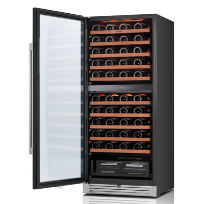 24" 90-Bottle Dual Zone Wine Cooler Built-In & Freestanding , 9.7 Cu.Ft. Wine Refrigerator, 40F65F, Amber/Blue/White LED Light, UV-Protected Double | Fridge.com