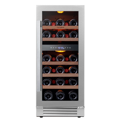 15" 28-Bottle Dual Zone Wine Cooler, Built-In & Freestanding, 3 Cu.Ft. Wine Refrigerator with 4065F, Amber/Blue/White LED, UV-Protected Double Glass | Fridge.com