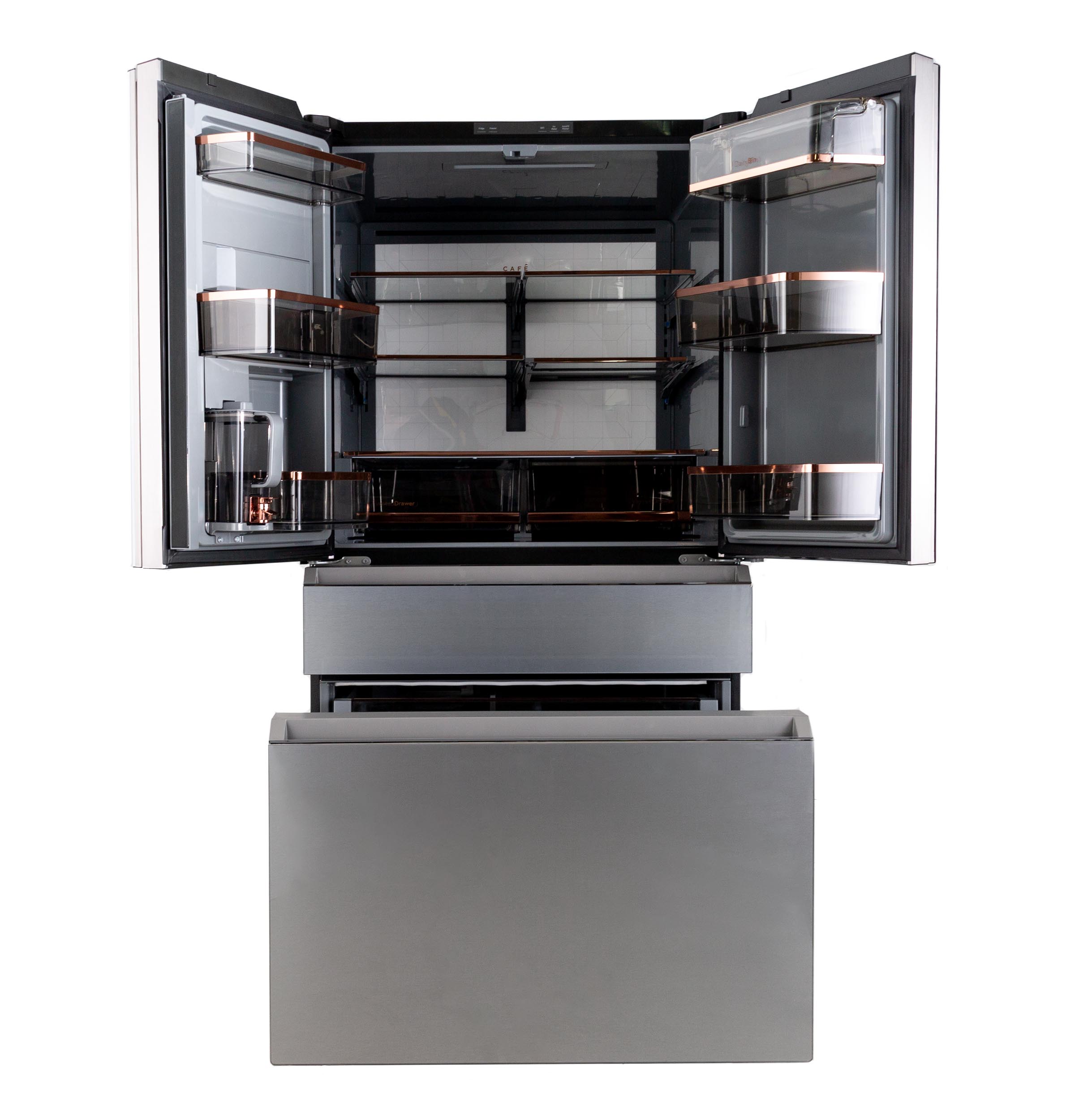 Energy Star 28.7 cu. ft. Smart 4-Door French-Door Refrigerator In Platinum Glass With Dual-Dispense Autofill Pitcher - View 6 | Fridge.com