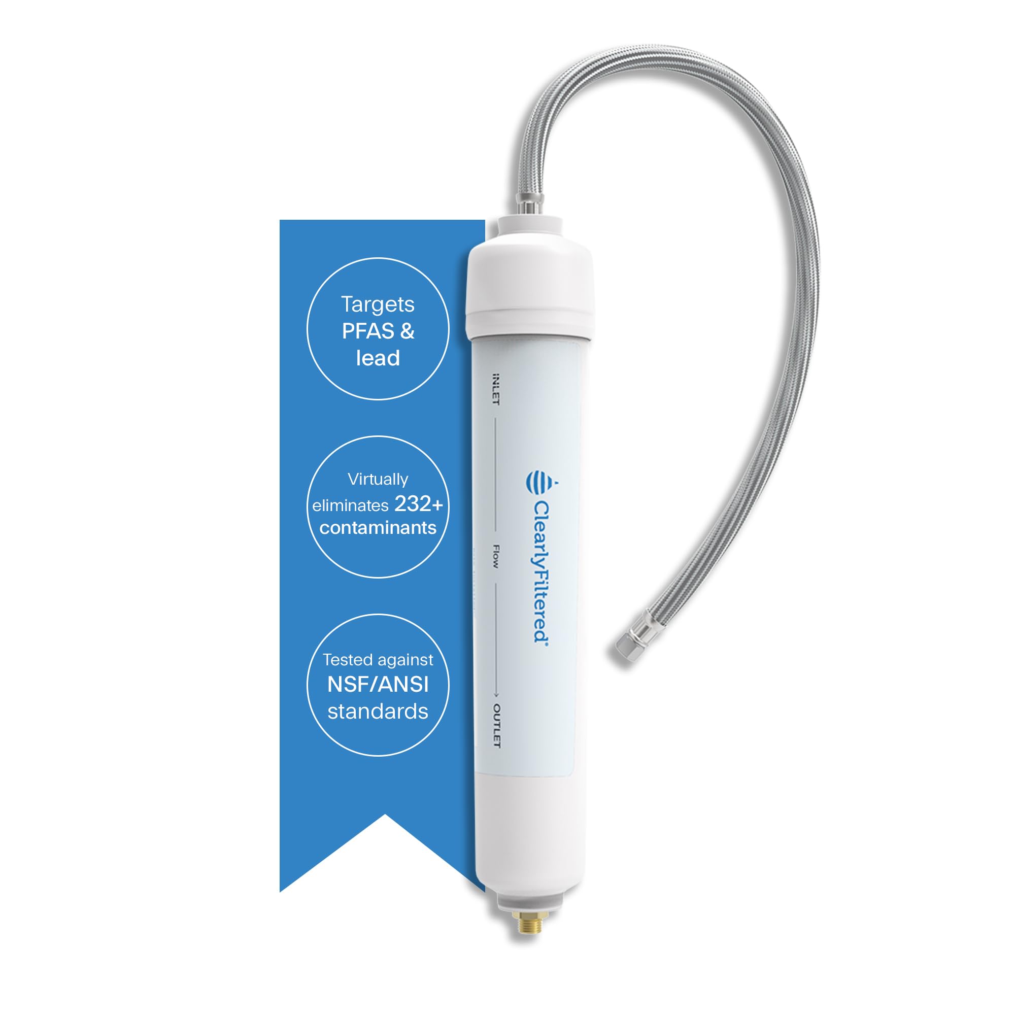 Clearly Filtered Inline Water Filter – Stainless Steel ¼” Fitting | Targets 232+ Contaminants Including Pfoa, Lead & Fluoride | Universal ¼” Inline Filter For Refrigerator Water Lines - View 1 | Fridge.com