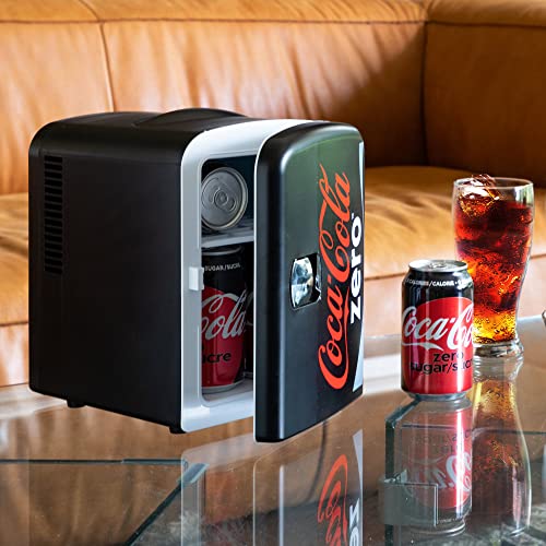 Coca-Cola Zero CZ04 4 Liter/4.2 Quarts 6 Can Portable Cooler/Mini Fridge, Beverages, Baby Food, Skincare and Medications-Use at Home, Office, Dorm, Car, RV or Boat-AC & DC Plugs Included, Black/Red | Fridge.com