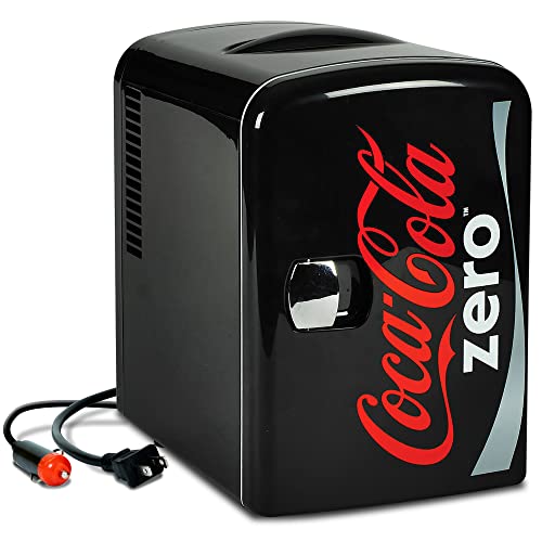 Coca-Cola Zero CZ04 4 Liter/4.2 Quarts 6 Can Portable Cooler/Mini Fridge, Beverages, Baby Food, Skincare and Medications-Use at Home, Office, Dorm, Car, RV or Boat-AC & DC Plugs Included, Black/Red | Fridge.com