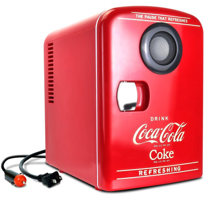 Coca-Cola 4.2 Qt. Countertop Mini Fridge with Bluetooth Speaker, Portable 6-Can Thermoelectric Cooler & Warmer, Retro Beverage Refrigerator, Red | Fridge.com