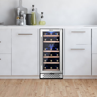 15 Inch Wine Fridge Under Counter- 28 Bottle Dual Zone Stainless Steel  Wine Refrigerator, Freestanding Wine Cooler with Glass Door/Safety Lock | Fridge.com