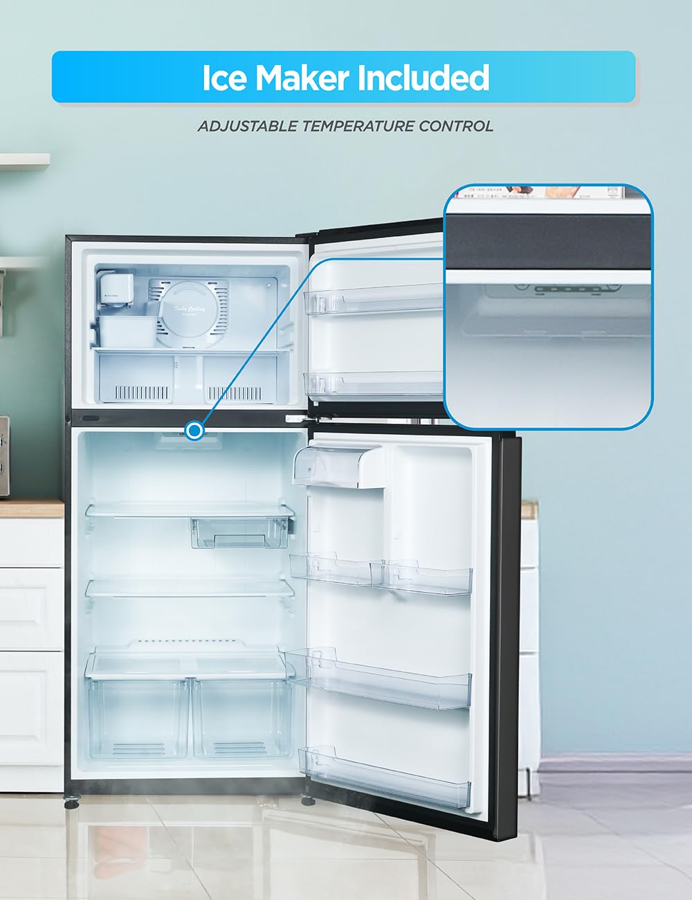 Commercial Cool 20 cu. ft. Top Mount Refrigerator With Ice Maker, 2-Door Refrigerator With Top Freezer, Freezer With Icemaker And Adjustable Temperatu - View 3 | Fridge.com