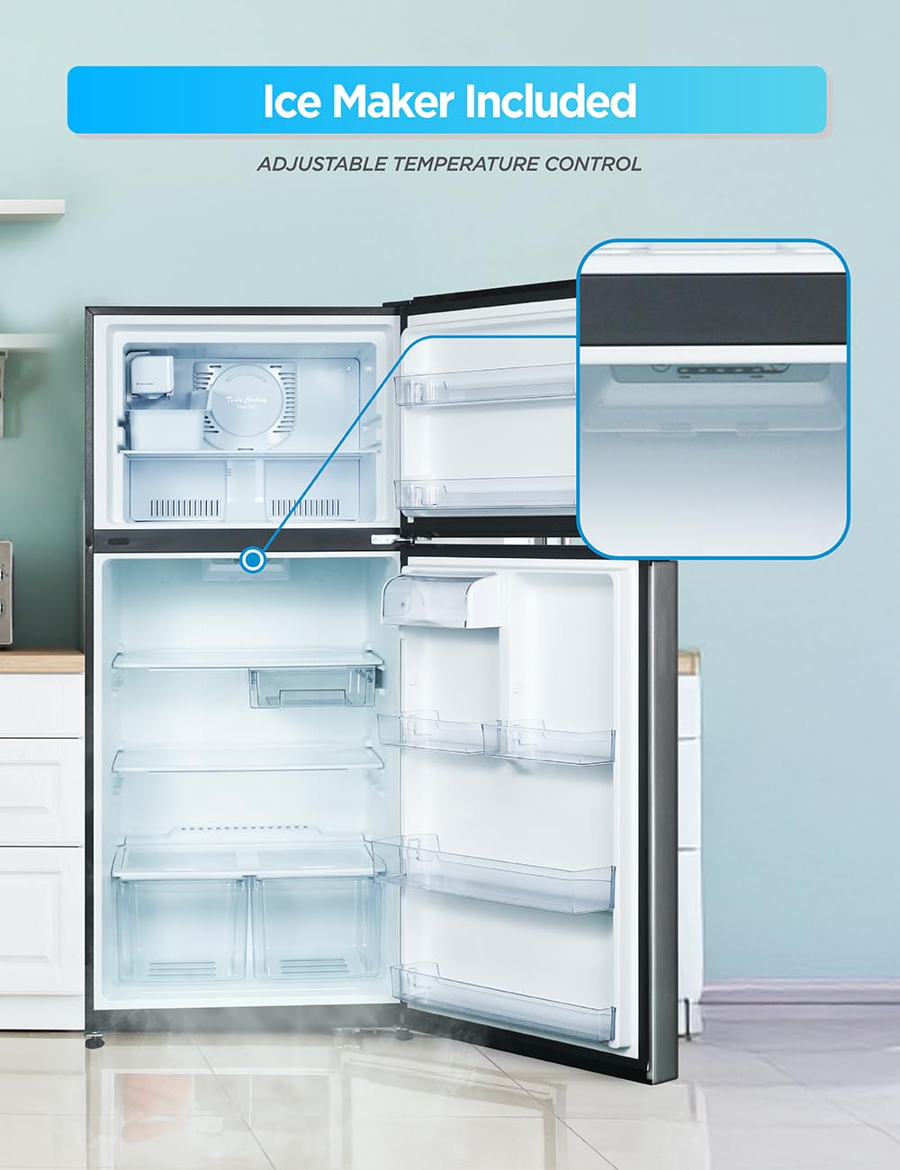 Commercial Cool 20 cu. ft. Top Mount Refrigerator With Ice Maker, 2-Door Refrigerator With Top Freezer,Freezer With Icemaker And Adjustable Temperatur - View 3 | Fridge.com