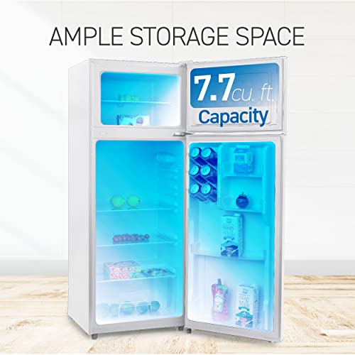 Commercial Cool 7.7 cu. ft. Refrigerator With Freezer, Top Mount Fridge With Glass Shelves, Bottle Storage, Beverage Rack, And Refrigerator Crisper Drawer Cover In White - View 3 | Fridge.com