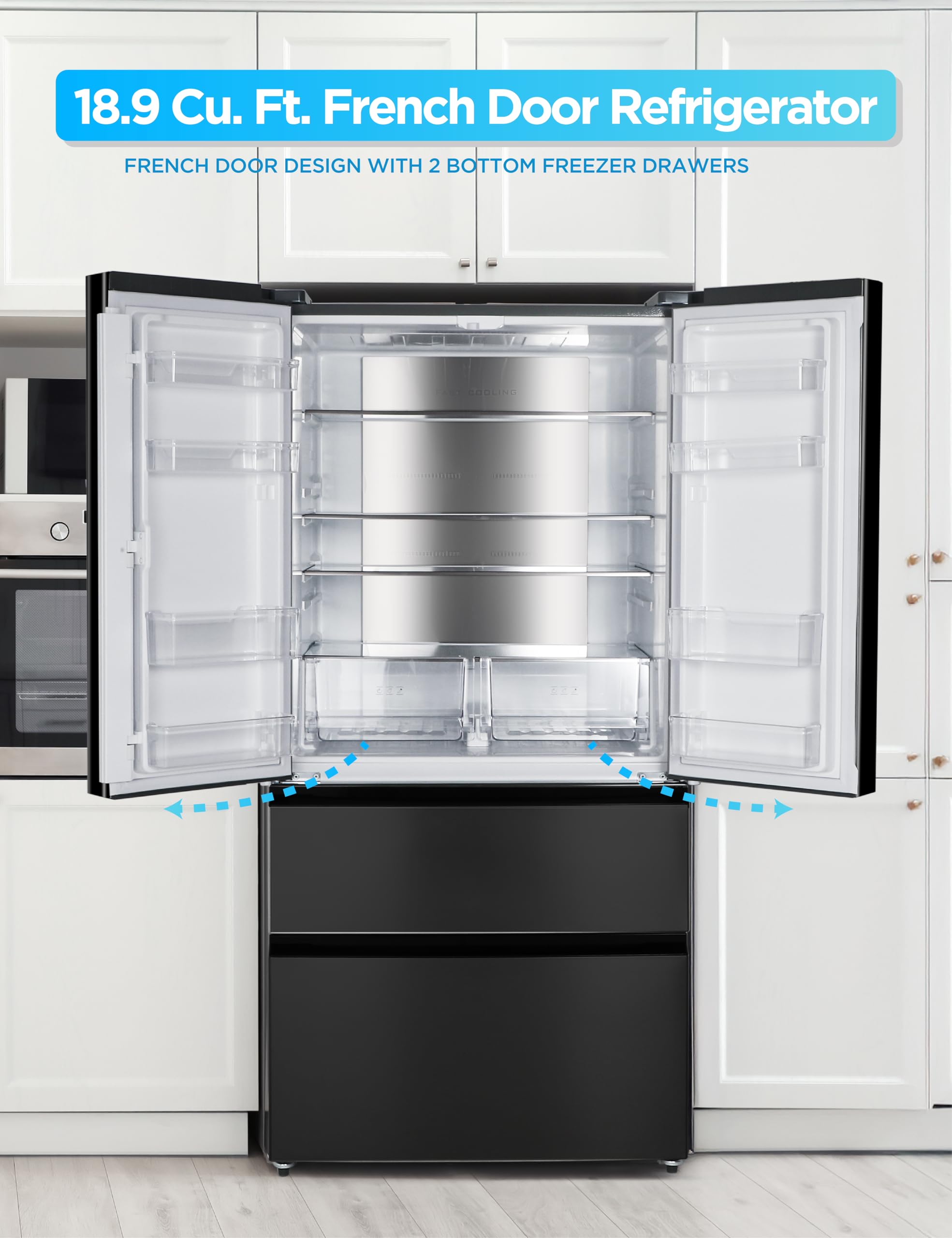 Commercial Cool 18.9 cu. ft. French Door Refrigerator, 33 Inch Wide Refrigerator With 2 Bottom Mount Freezer Drawers, Frost Free, LED Lighting, Digita - View 2 | Fridge.com