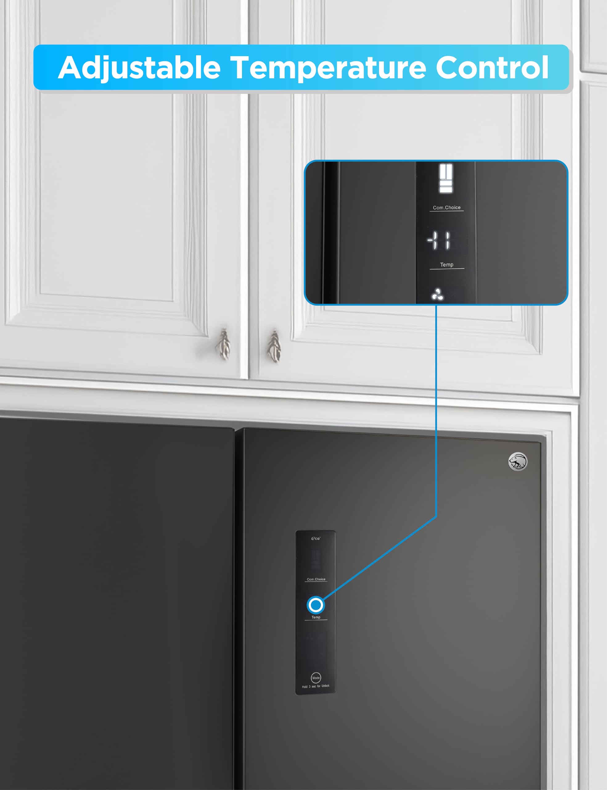 Commercial Cool 18.9 cu. ft. French Door Refrigerator, 33 Inch Wide Refrigerator With 2 Bottom Mount Freezer Drawers, Frost Free, LED Lighting, Digita - View 3 | Fridge.com