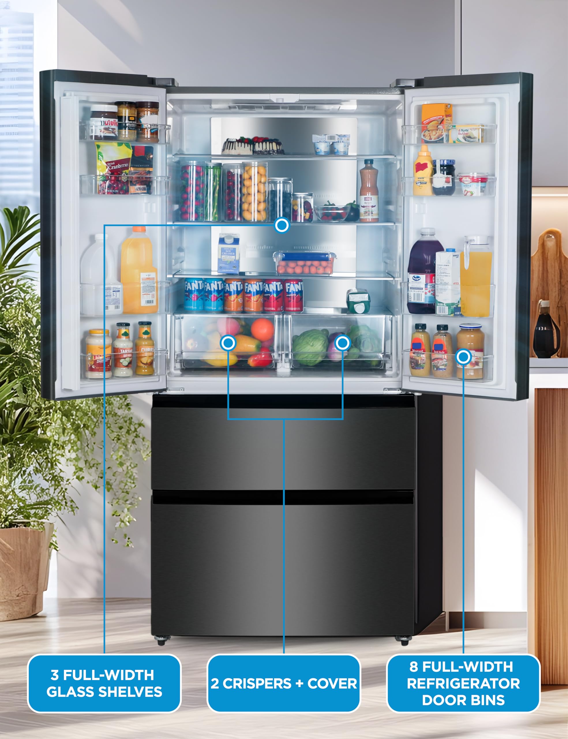 Commercial Cool 18.9 cu. ft. French Door Refrigerator, 33 Inch Wide Refrigerator With 2 Bottom Mount Freezer Drawers, Frost Free, LED Lighting, Digita - View 4 | Fridge.com