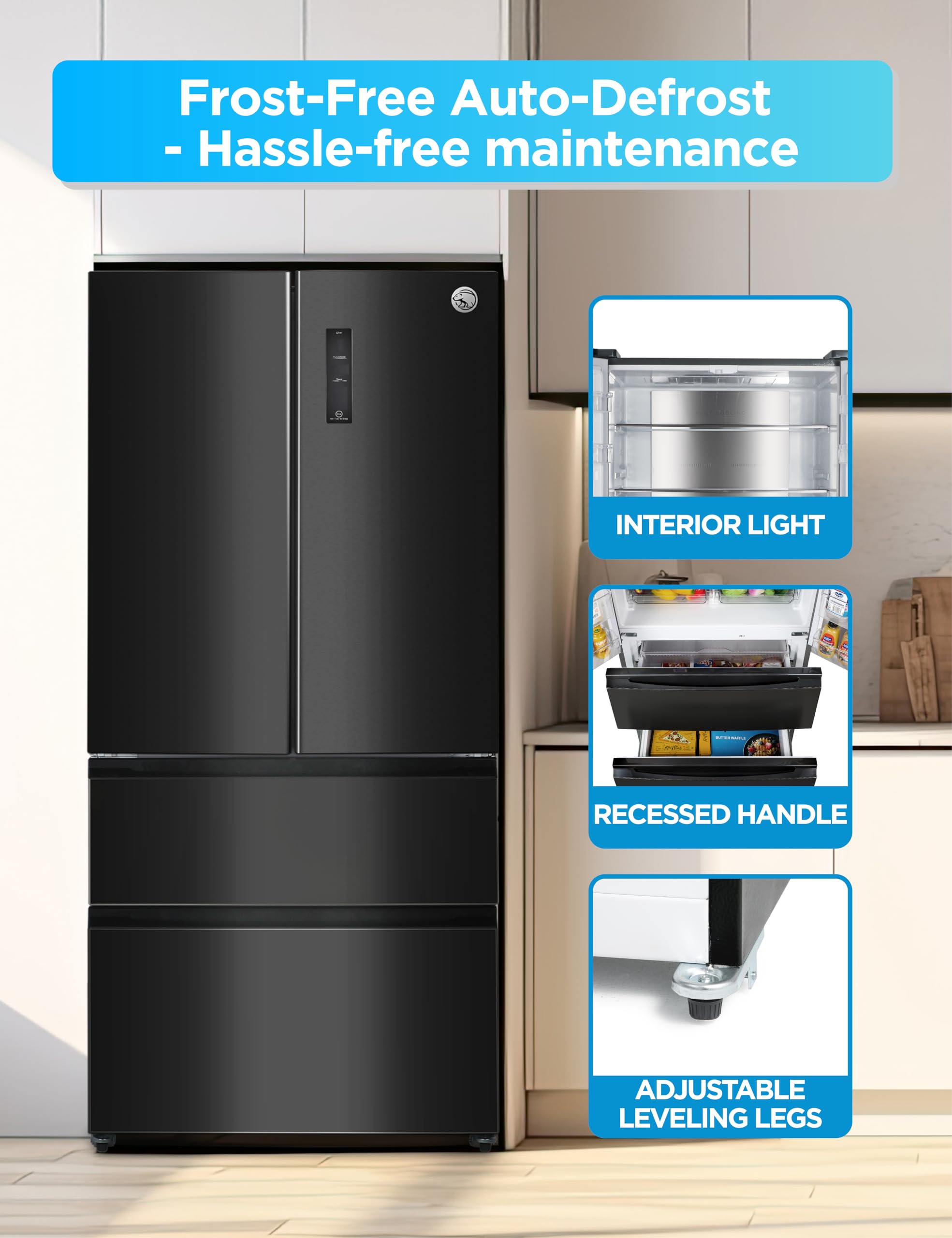 Commercial Cool 18.9 cu. ft. French Door Refrigerator, 33 Inch Wide Refrigerator With 2 Bottom Mount Freezer Drawers, Frost Free, LED Lighting, Digita - View 5 | Fridge.com