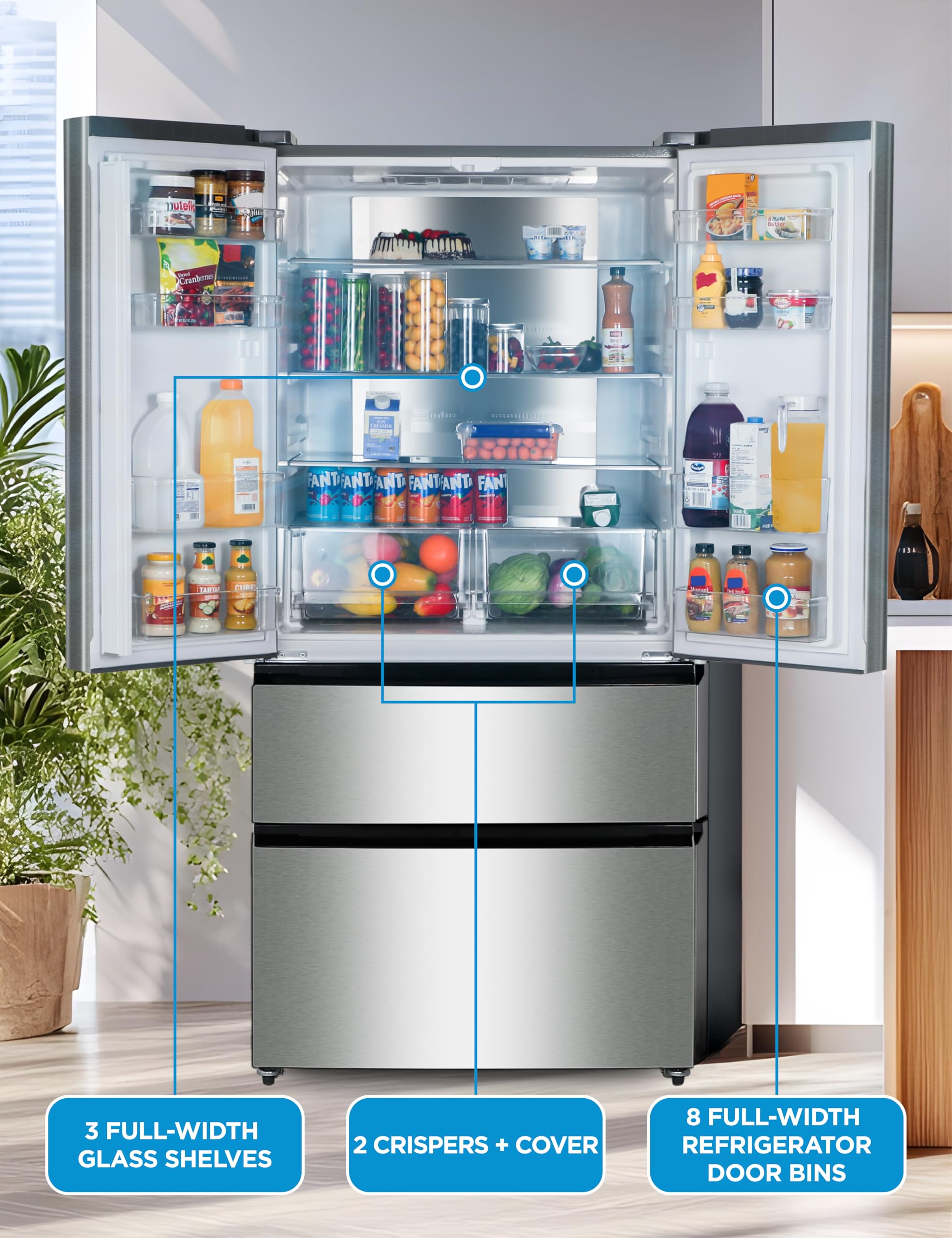 Commercial Cool 18.9 cu. ft. French Door Refrigerator, 33 Inch Wide Refrigerator With 2 Bottom Mount Freezer Drawers, Frost Free, LED Lighting, Digita - View 4 | Fridge.com