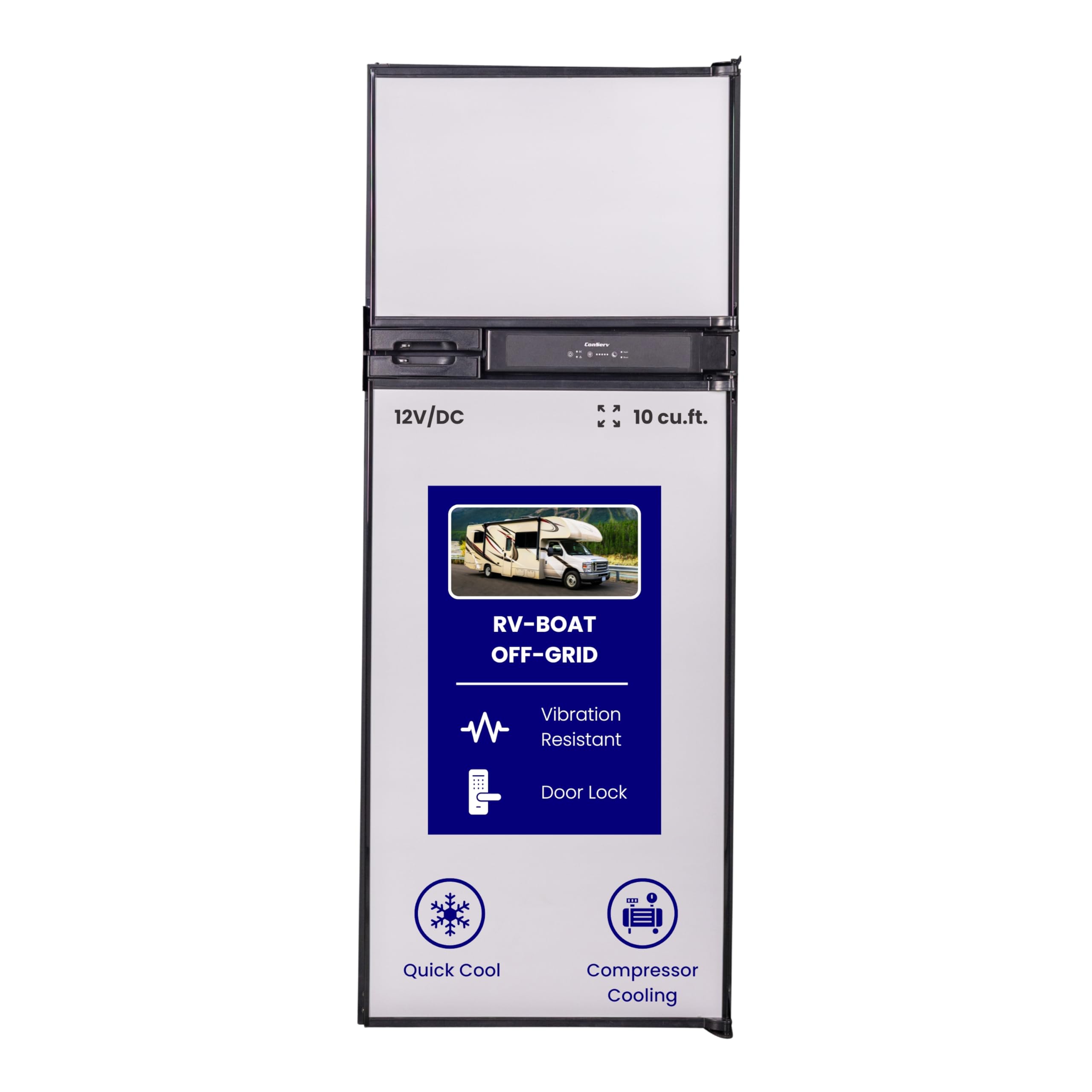 Conserv - 10 cu ft. 12V/DC - 24 inch RV Refrigerator Freezer Built-in/ Freestanding RV Off Grid Dorm Reversible Door - Stainless Steel — FIN-0005301 | Fridge.com