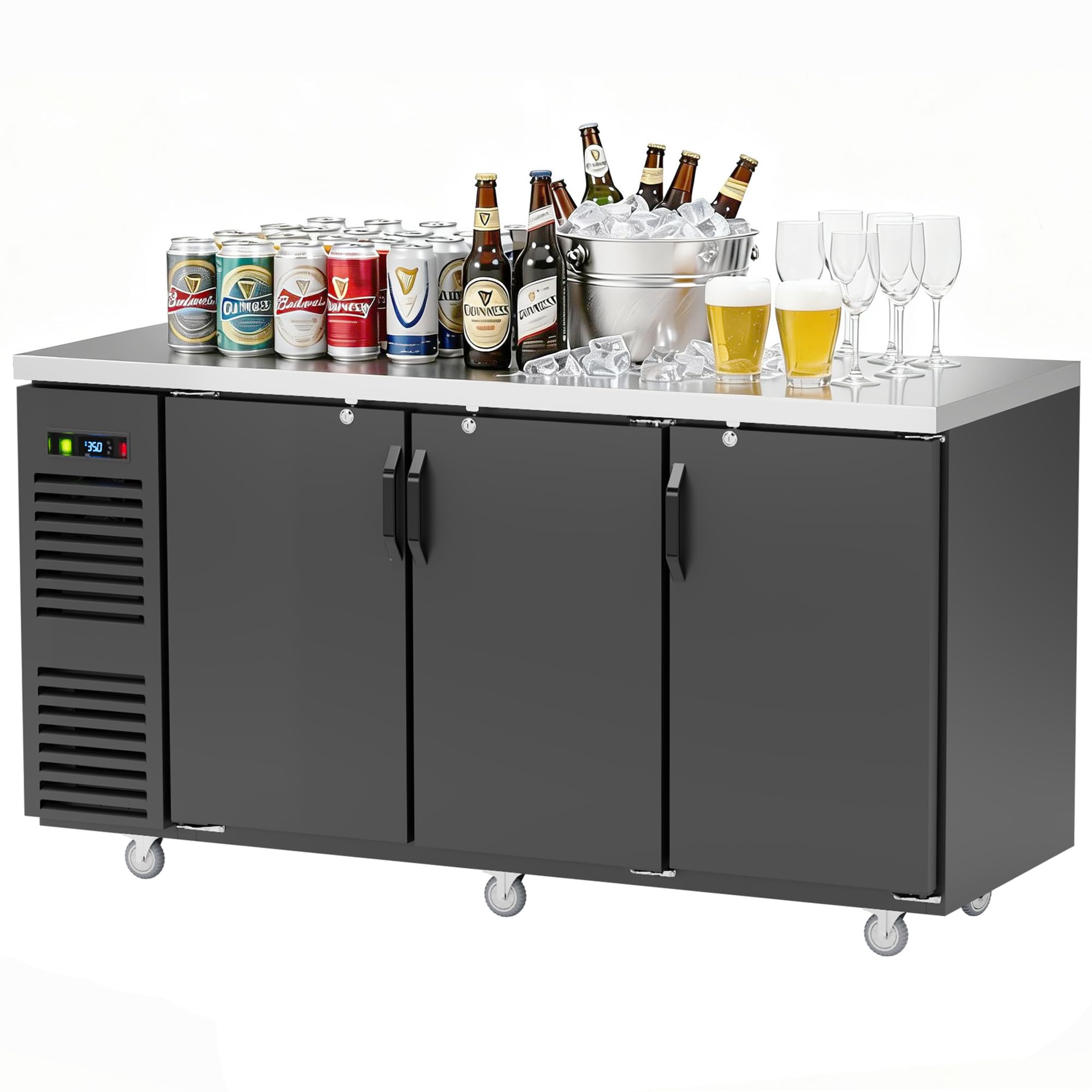 72” W 24.2 Cu.Ft Commercial Counter Height Back Bar Cooler with Stainless Steel Top with LED Lighting - Black | Fridge.com