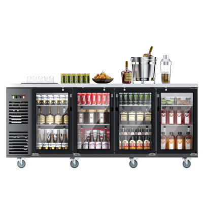 Coolake 92" 32.5 Cu.Ft. 4 Glass Doors Commercial Counter Height Back Bar Cooler Refrigerator with Stainless Steel Top LED Lighting in Black for Bar St — FIN-0018757 | Fridge.com