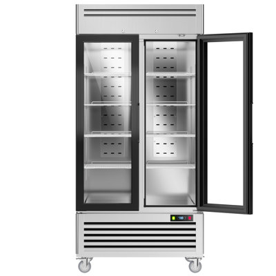 Coolake 40 W 36 Cu.ft. Commercial Beverage Refrigerator, Stainless Steel Commercial Display Fridge With 2 Glass Door, Fan Cooling Upright Merchandise | Fridge.com